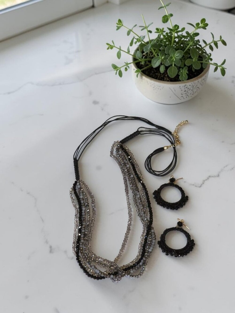 Black‎ and Gray Beaded Necklace with Black Beaded Earrings Set - New